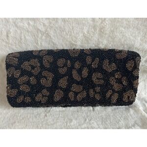 Vintage Moyna Clutch Envelope Bag Party Leopard Print Beaded Black 9x5"